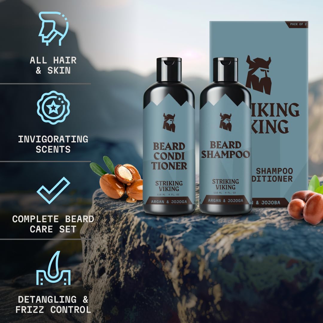 Striking Viking Beard Shampoo and Conditioner Set – 4 Fl Oz Each, Fresh Masculine Scent - Beard Wash and Conditioner for Men - Cleanses & Softens, with Argan & Jojoba Oil - Sulfate & Paraben Free