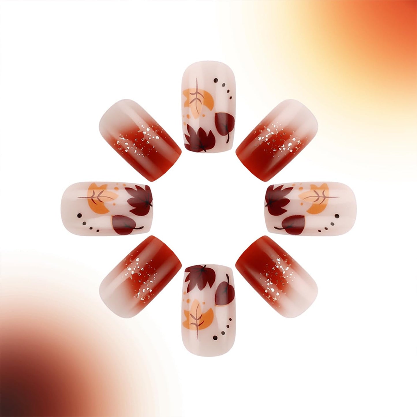 Thanksgiving Press on Nails Fall Maple Leaves Fake Nails Medium Square Acrylic Glue on Nail Glossy Autumn Maple Leaf Stick on Nail for Women DIY Manicure