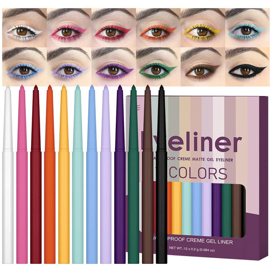 evpct 12Pcs Colored Matte Gel Eyeliner Pencils Set for Women, Green Blue White Black Auburn Yellow Orange Eyeliner Waterline Waterproof lapiz de ojos delineador de ojos contra el agua eye liner Makeup