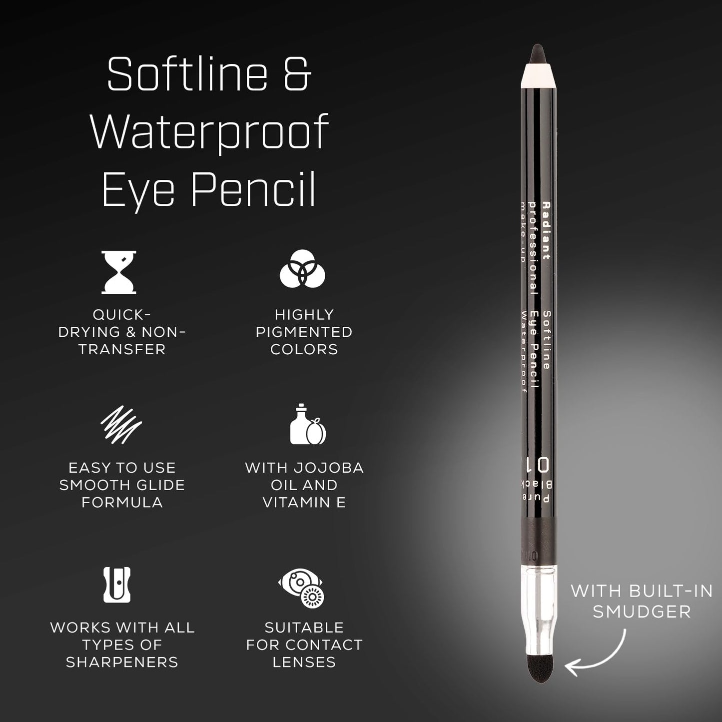 Radiant Professional Black Waterproof Eyeliner Pencil - Eyeliner Waterproof Smudge Proof for Woman - Long Lasting Under Eye Pencil for Smoky Eye - Soft Waterline Eye liner with Smudger Tool -Black(01)