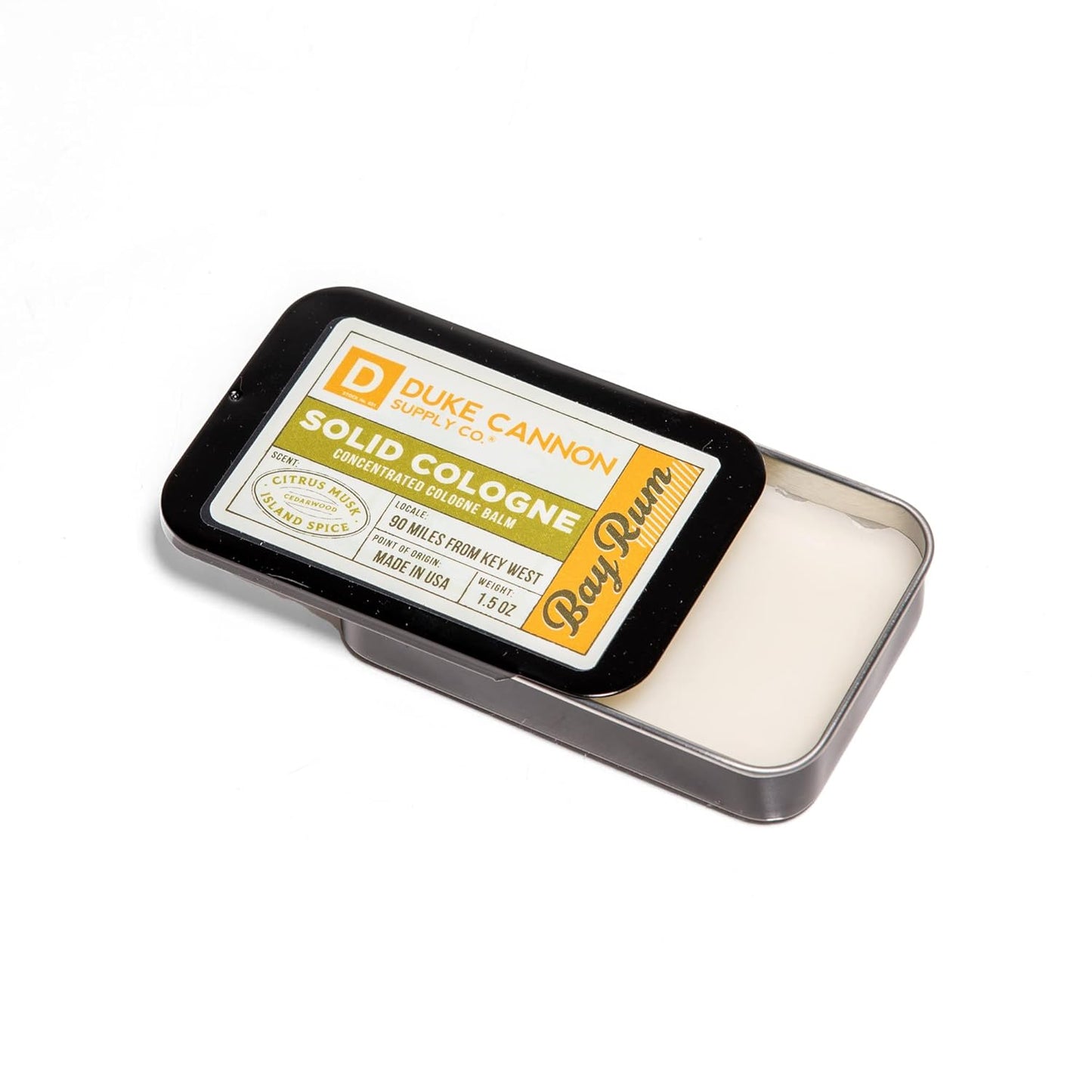 Duke Cannon Supply Co. Solid Cologne for Men Bay Rum (Citrus Musk, Cedarwood, Island Spice) - Concentrated Balm, Travel-Friendly Convenient Tin, 1.5 oz