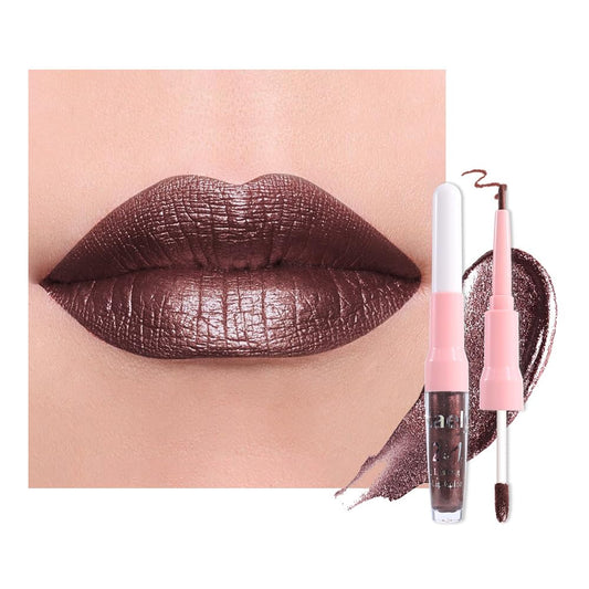 evpct Dark Brown Metallic Glitter Lip Liner and Lipstick Combo Lip Gloss Stain Set Makeup for Women Long Lasting Waterproof 24, Chocolate Metallic Shimmer Frosted Iridescent Shiny Liquid Lipstick 11