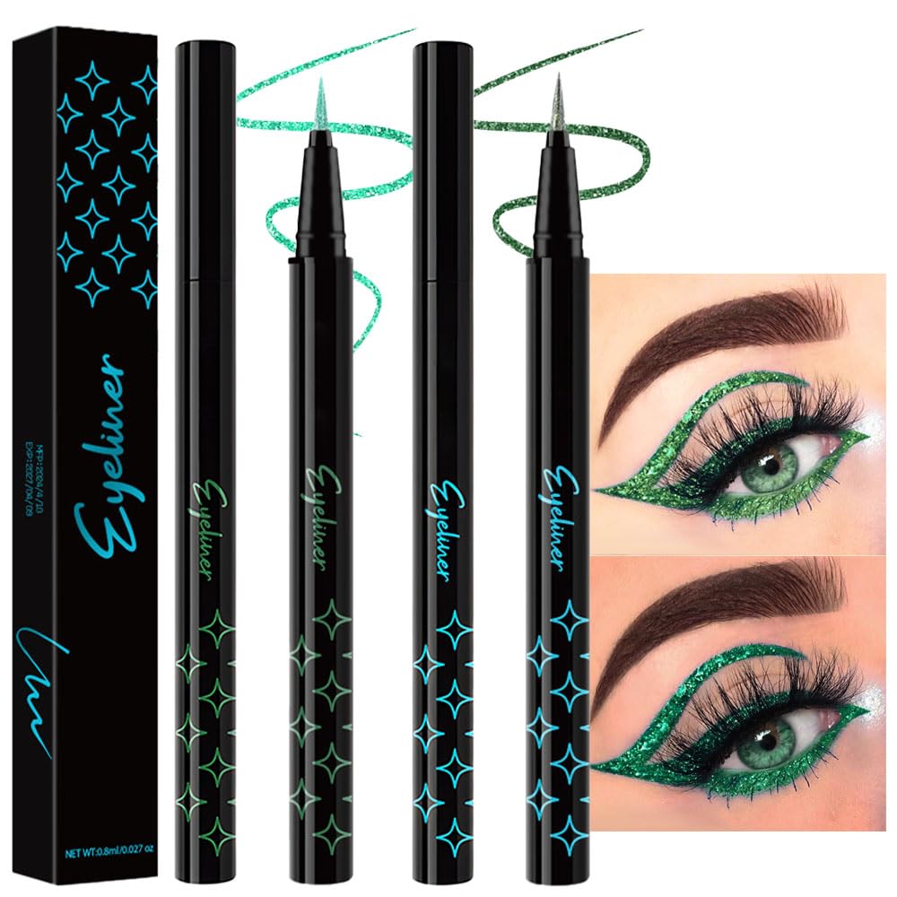 evpct 2Pcs Emerald Dark Green Glitter Shimmer Liquid Eyeliner Eye Shadow Makeup Pencil, Green Face Body Glitter Fake Eyelashes Lashes Mascara Accessories, Sparkle Metallic Colored Eyeliner Waterproof