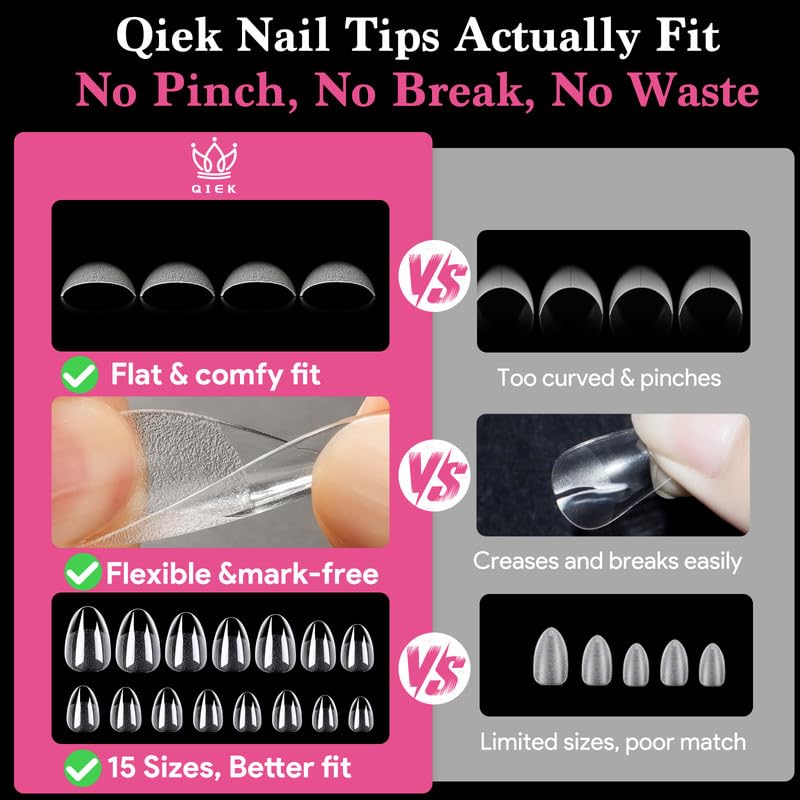 Short Almond False Nail Tips, 15 Sizes 510 PCS Clear Soft Press On Fake Nail Pre-shaped Half Matte Full Cover Gel Nail Tips Extensions Strong Thick Long Lasting for DIY Beginners & Salon Manicure