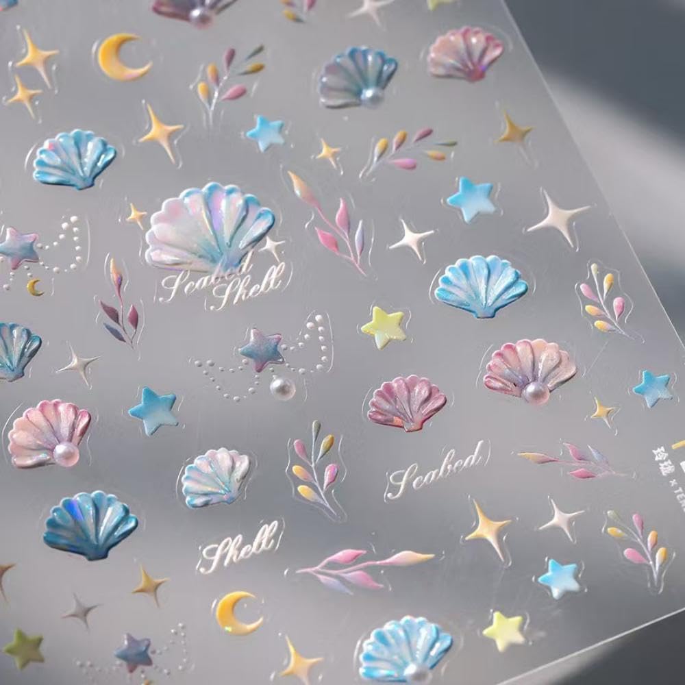Sea Shells Nail Art Stickers Blue Pink Nail Decals Self Adhesive 5D Embossed Nail Sticker Pearl Design for Women Girls Supplies Summer Nails Decorations Accessories