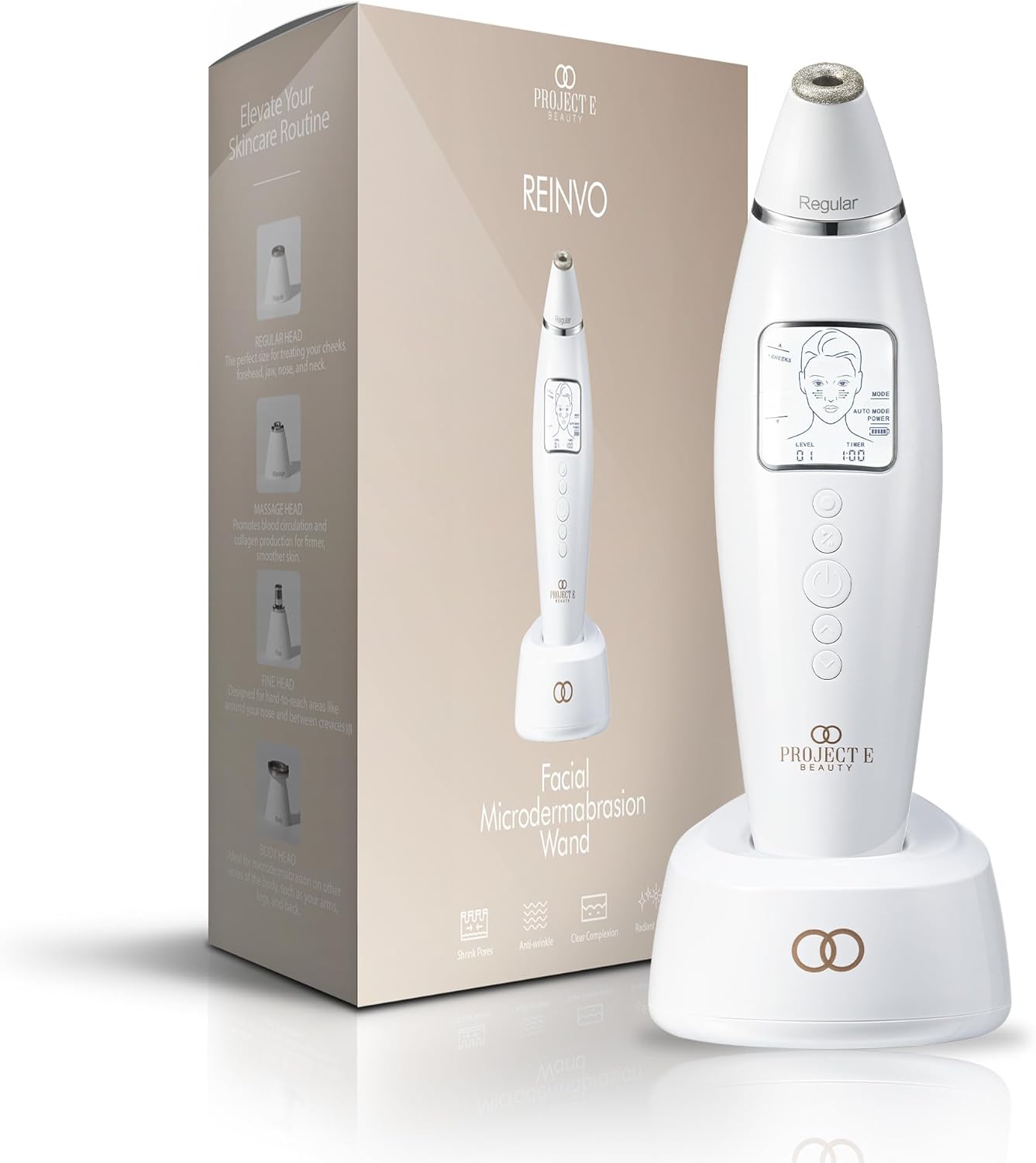 Reinvo Facial Microdermabrasion Wand by Project E Beauty | Gentle Exfoliation | Reduce Wrinkles & Fine Lines | Decrease Pores | Fresh & Radiant Skin | 4 Interchangeable Heads | Vacuum Suction Device