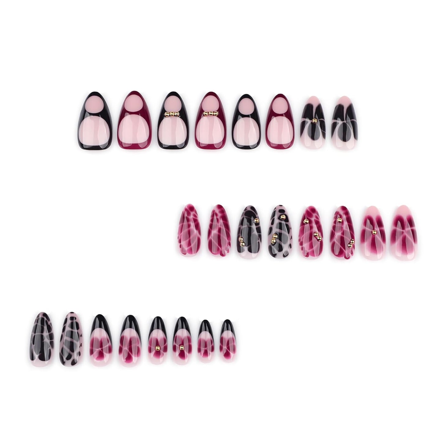 French Press On Nails Short Almond Shape, Summer Fall Fake Nails Adorned with Black and Burgundy Petal Accents, 3D Design, Glossy Gel Finish Acrylic Nails, Natural Reusable Glue On Nails for Women