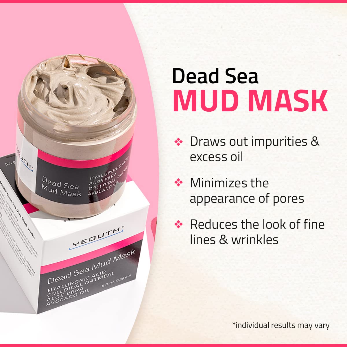 YEOUTH Dead Sea Mud Mask for Face with Hyaluronic Acid and Avocado Oil, Revitalizing Face Masks for Smoother Looking Skin 8oz