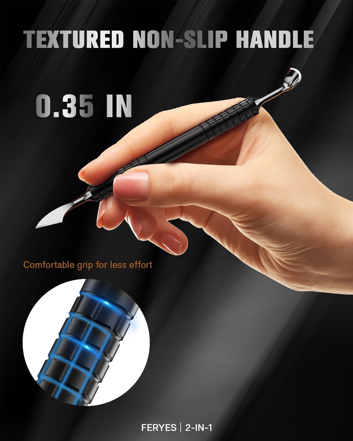 FERYES Upgraded Dual-Head Cuticle Pusher Tool - Horseshoe Shape & Chisel Edge Stainless Steel Remover Tool with Anti-Slip Wide Handle for Salon & Home Nail Care-Black