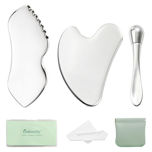 3pcs Stainless Steel Gua Sha Facial Tools & Eye Cream Applicator Metal GuaSha Set for Face Body, Detailer Gua Sha Lymphatic Drainage Massager,Guasha Face Sculpting Tool