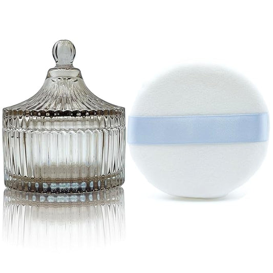 Ultra Soft Powder Puff and Container 3.3" High Density Velvet Dusting Washable Reusable Powder Puff,Body Powder Puff and Glass Jar Holder Loose Powder Box with Puff for Face Makeup(Tawny)