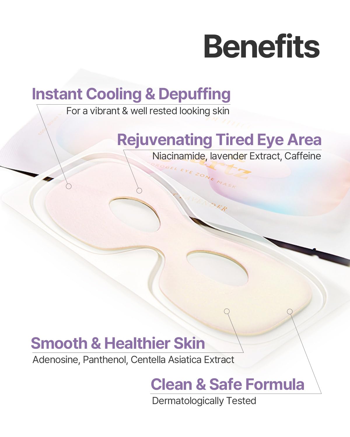 Petitfee Aura Quartz Hydrogel Eye Zone Mask 5ea (9g*5) - Lavender Eye Mask for Entire Eye Area, Instant Cooling, Eye Puffiness, Morning Quick Eye Care, Rejuvenating Tired Eye Area, Brighten Under Eye