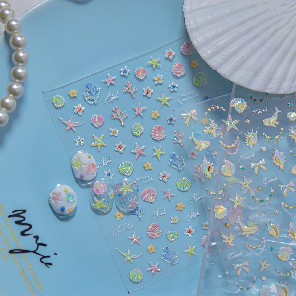 Pearl Ocean Nail Stickers 3D Self-Adhesive Shell Nail Art Stickers Starfish Nail Decals 5D Embossed Coral Nails Supplies Gemstone Nails Designs Summer Nail Decoration for Women DIY Manicure 2 Sheets