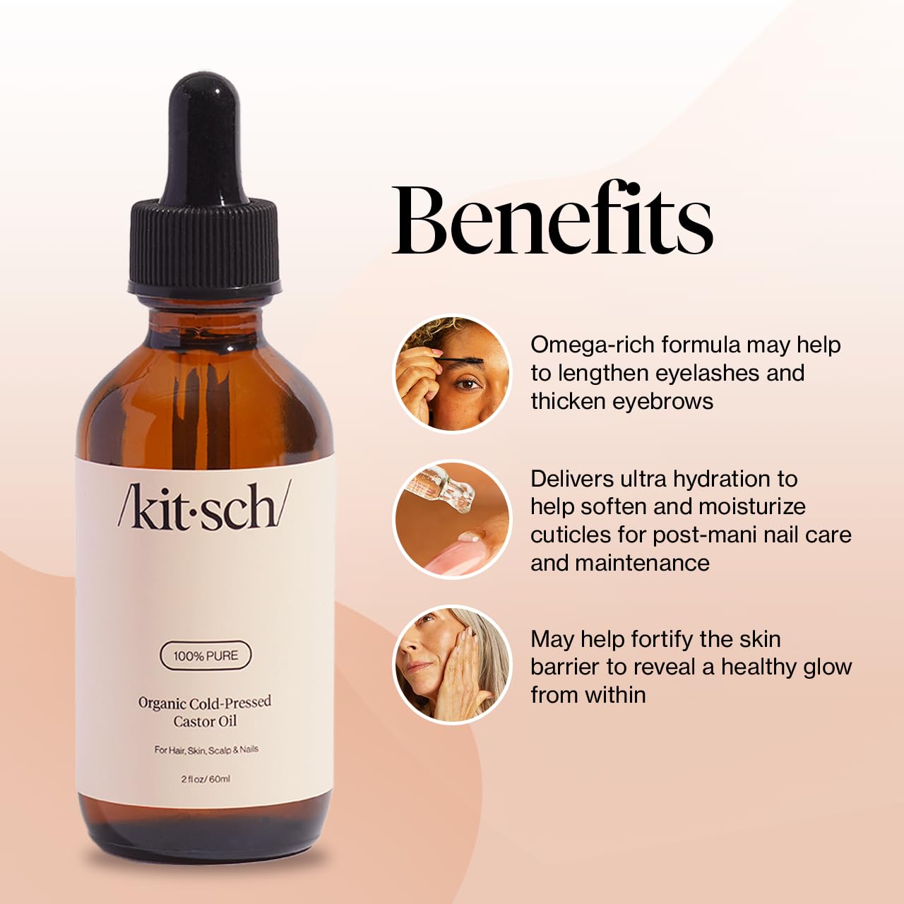 Kitsch Organic Castor Oil for Hair Growth - 100% Pure Castor Oil, Organic Cold Pressed Unrefined Glass Bottle for Face, Skin, Lashes, Brows, Scalp, Nails & Belly Button - Hexane Free, USDA - 2 oz