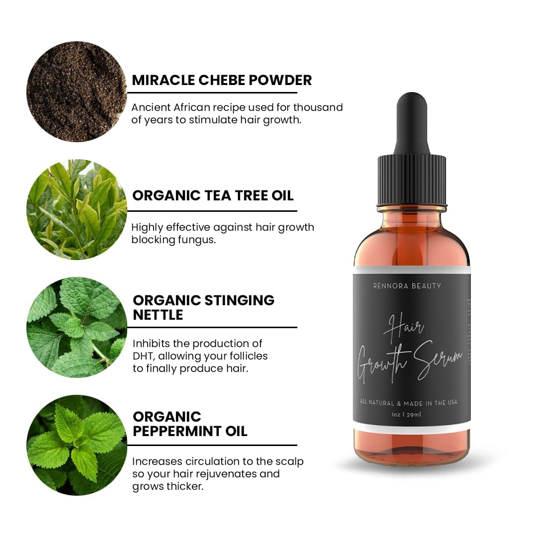 Rennora Hair Growth Serum with Organic Herbs and Natural Vitamins, Peppermint Oil, Stinging Nettle, and Rosemary Oil, No Chemicals, Formulated for Hair Regrowth (1 Pack - 30 Day Supply)