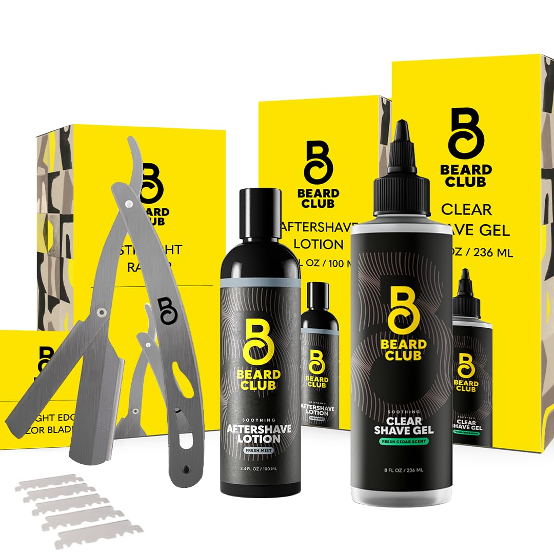 Beard Club Straight Razor for Men, Shaving Gel & Aftershave for Men – Hydrating Mens Shave Cream, Soothing After Shave Lotion & Navajas Para Barbero - Barber Straight Edge Razor Kit - Gift Kit