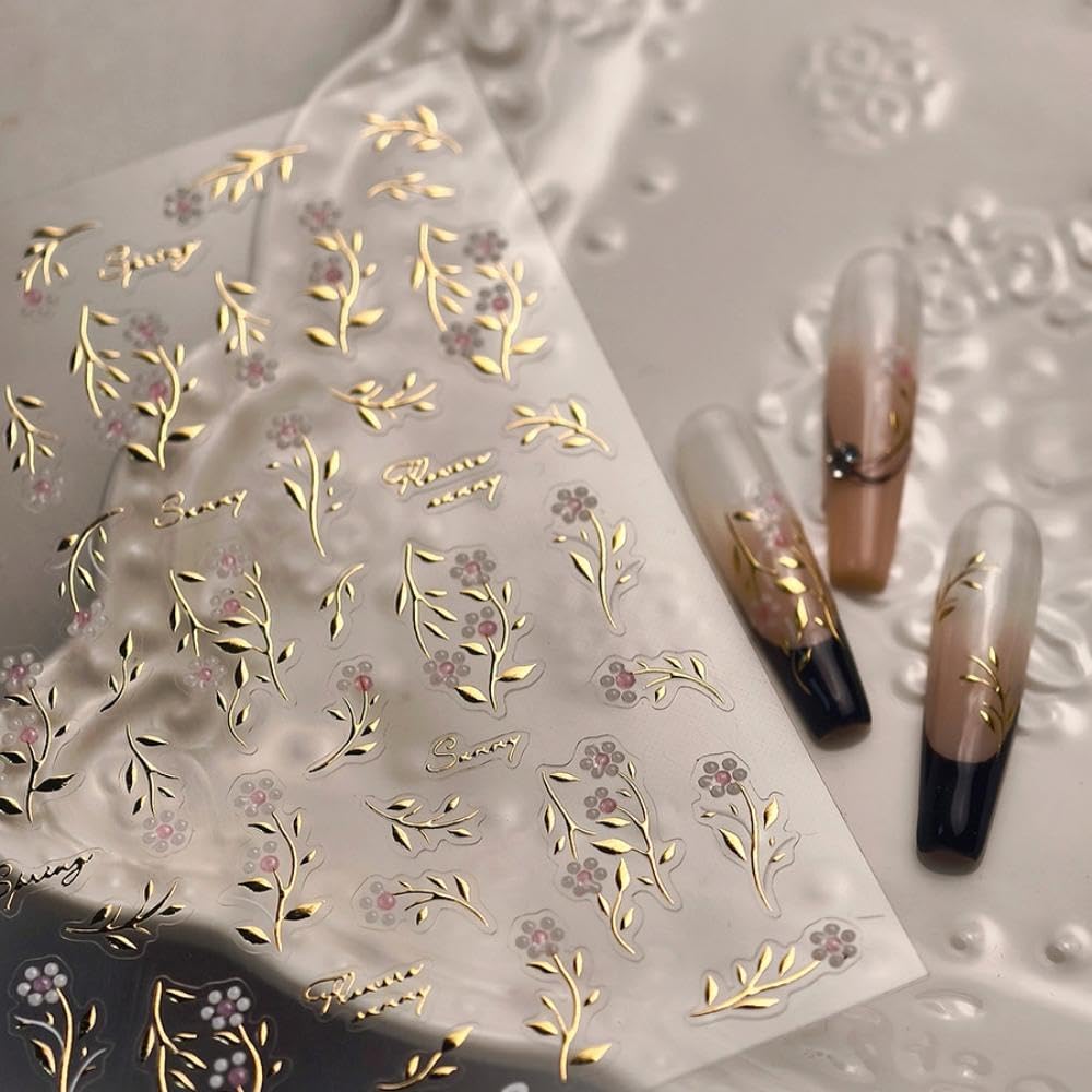 Leaf Flower Nail Stickers Gold Branch Nail Designs 3D Self-Adhesive Silver Leaf Nails Supplies 5D Embossed White Pink Fall Nail Decals Summer Nail Art Decoration for Women DIY Manicure 2 Sheets