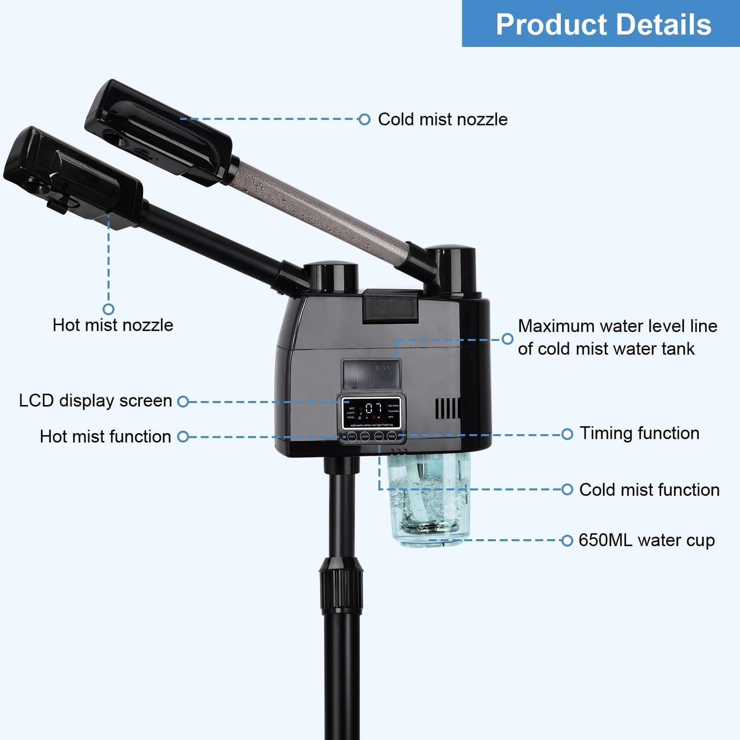 Professional Facial Steamer, 2 in 1 Facial Steamer, Esthetician Steamer with Hot&Cold Nozzle,Digital Face Steamer for Home Beauty Salon Spa