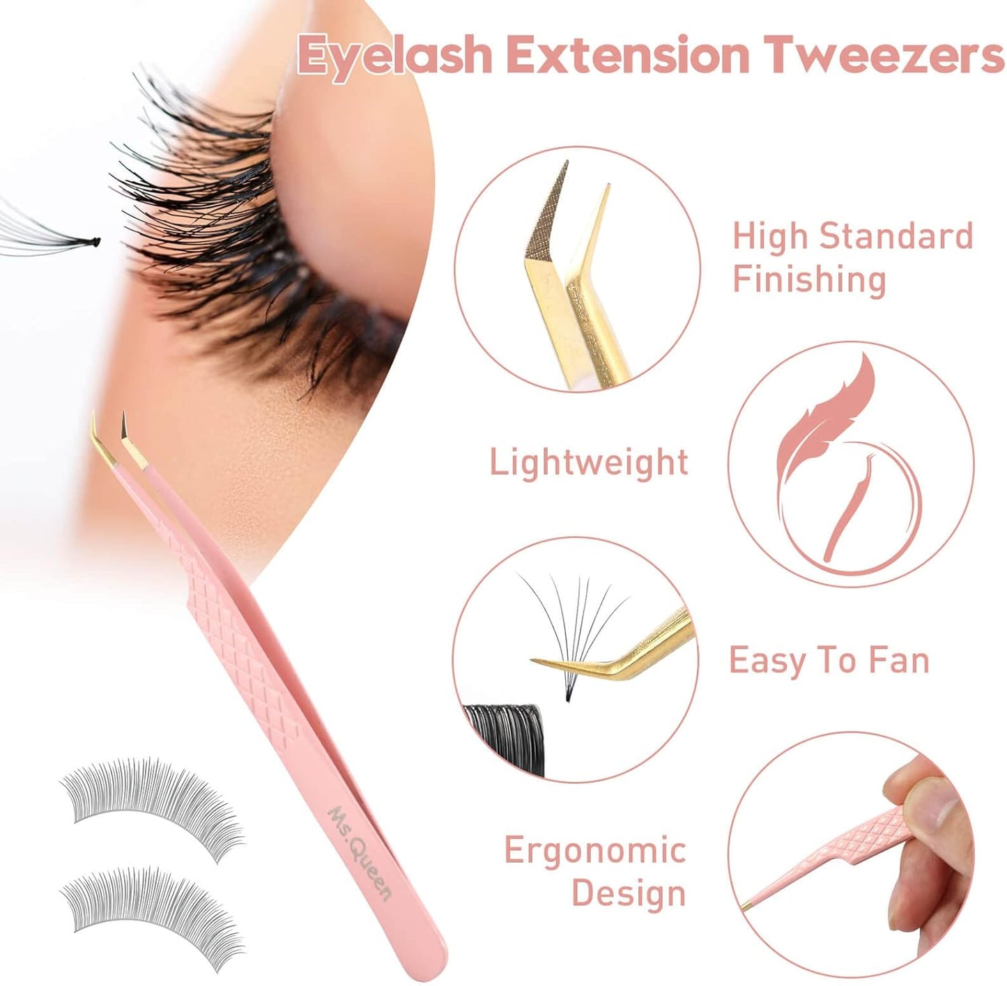 Ms.Queen Tweezers for Lash Extensions,Precision 45 Degree Lash Tweezers for Volume Classic Lashes Premade Fans