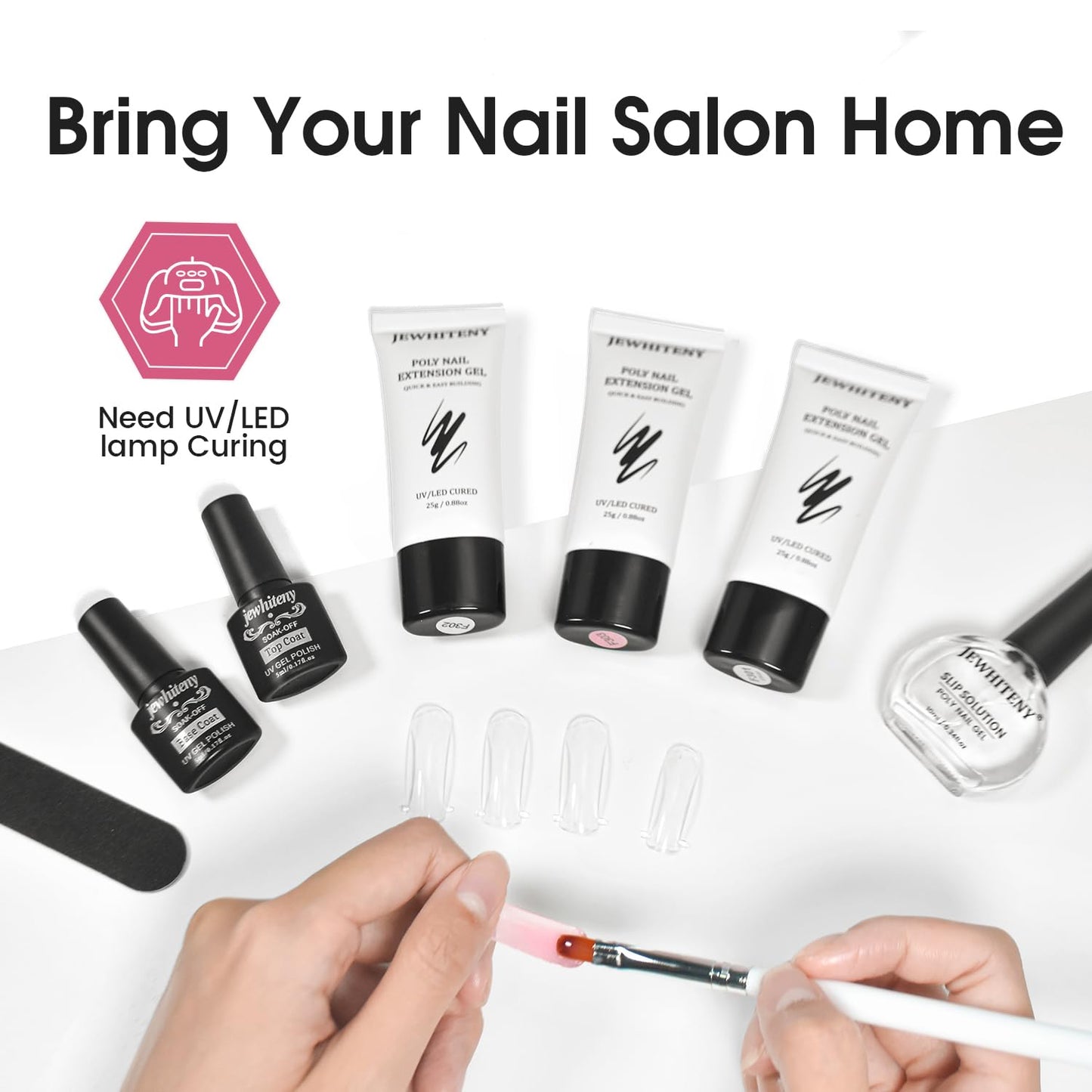 JEWHITENY Poly Extension Gel Nail Set Clear White Pink Poly Nail Gel With Base Coat Top Coat for Finger Art and Home DIY French Manicure Need U V Lamp Curing