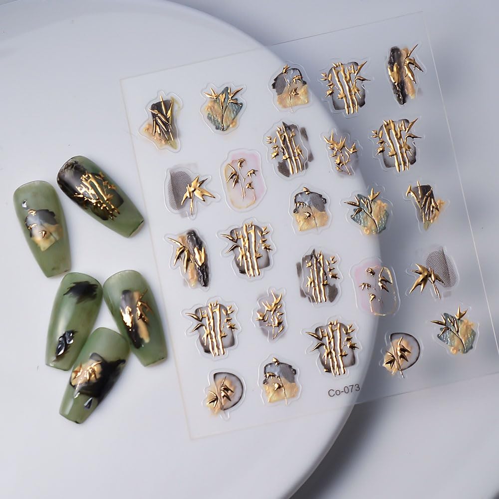 Bamboo Nail Art Stickers 5D Embossed Plants Nail Stickers, Self-Adhesive Durable Nail Art Decals for Women Girls, Nail Wraps Decoration Manicure for DIY Acrylic Nail Accessories