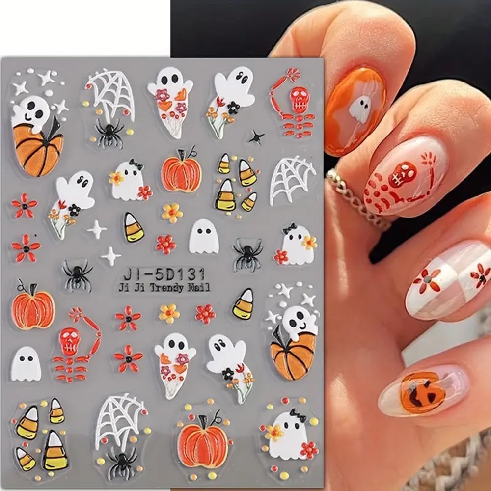 Halloween Nail Stickers Ghost Pumpkin Nail Art Stickers - 5D Embossed Nail Decals, 2 PCS Cute Cartoon Flower Spider Web Candy Designs, Adhesive Sliders for DIY Decorations