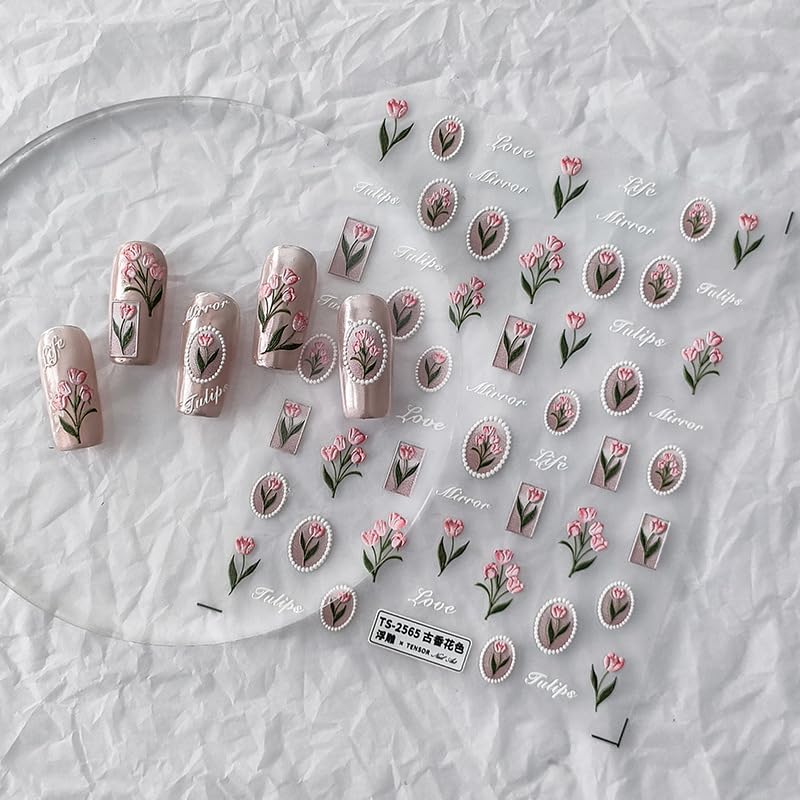 Flower Nail Stickers 5D Embossed Nail Art Stickers Decals Self-Adhesive Pink Tulips Floral Nail Supplies Spring Nail Art Design Decoration Accessories