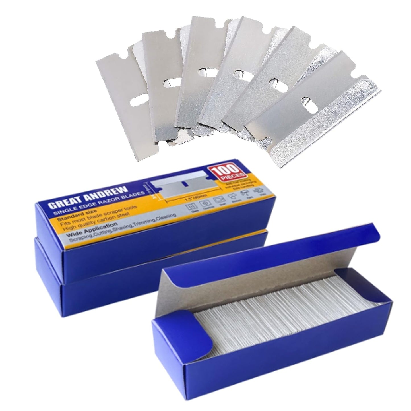 Great Andrew Single Edge Razor Blades, 300 Pack Straight Edge Razor Blade Safety Refills Blades Scraper for Box Cutting, Crafts, DIY, Heavy Duty & Industrial Use