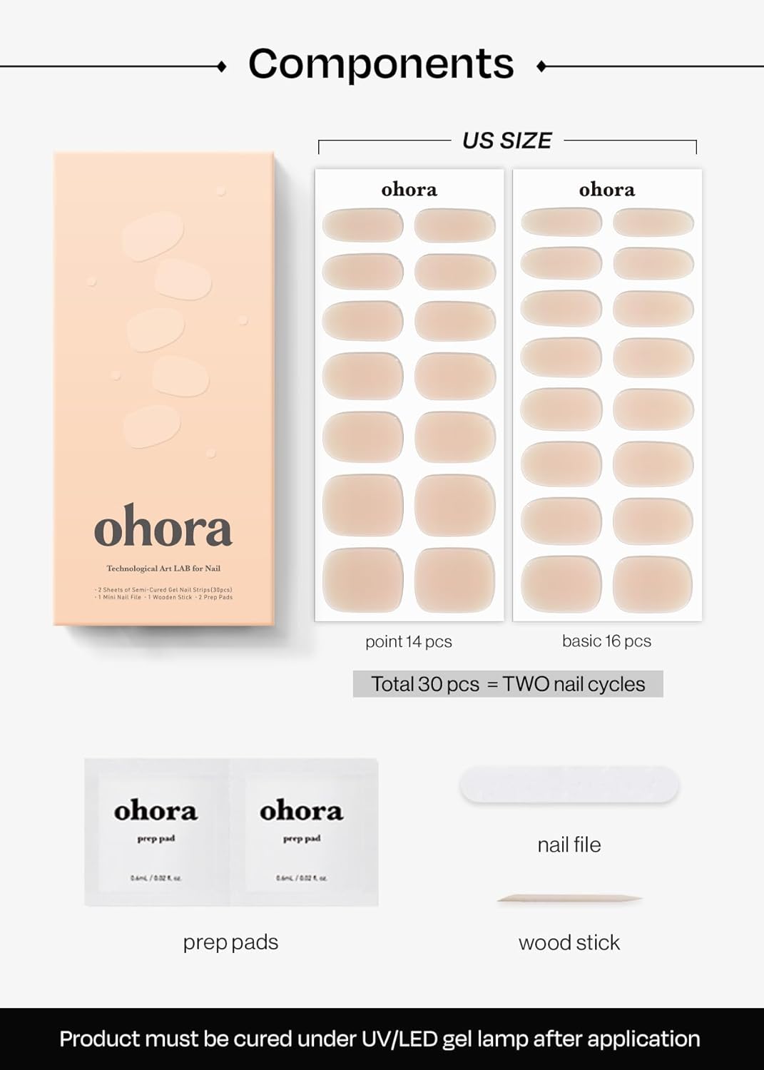 ohora Semi Cured Gel Nail Strips (N Bare Milk Tea) - Works with Any Lamps, Salon-Quality, Long Lasting, Easy to Apply & Remove - Includes 2 Prep Pads, Nail File & Wooden Stick