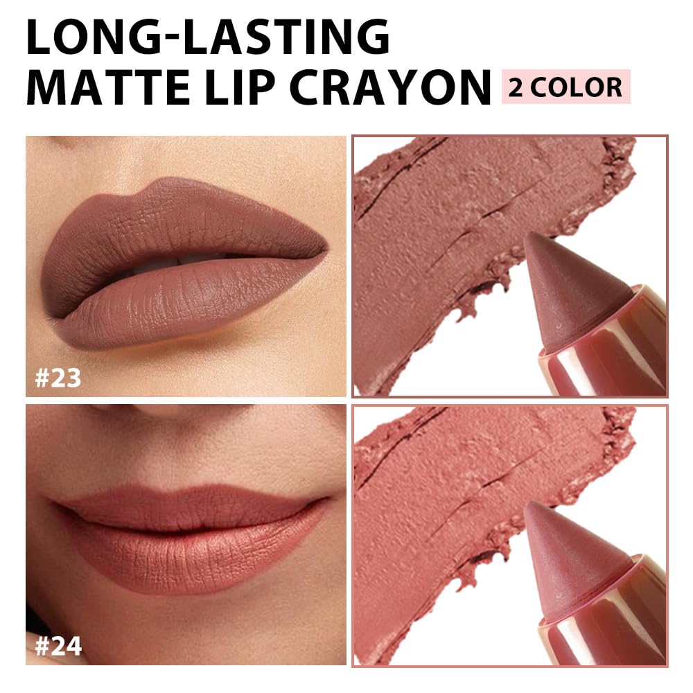 BINGBRUSH Matte Lip Crayon Set – Longwear, Waterproof, Velvet Finish, Built-in Sharpener, Smooth Lip Liner & Gloss (23#+24#, 2 Count (Pack of 1))