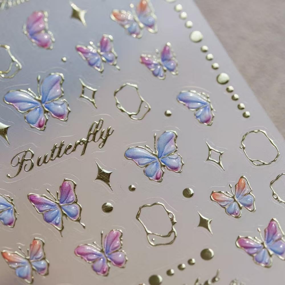 5D Embossed Butterfly Nail Stickers for Nail Art Colorful Nail Art Stickers Gold Nail Decals Self Adhesive Nail Art Design Manicure Supplies Charm for Women Nail Art Decorations Accessories