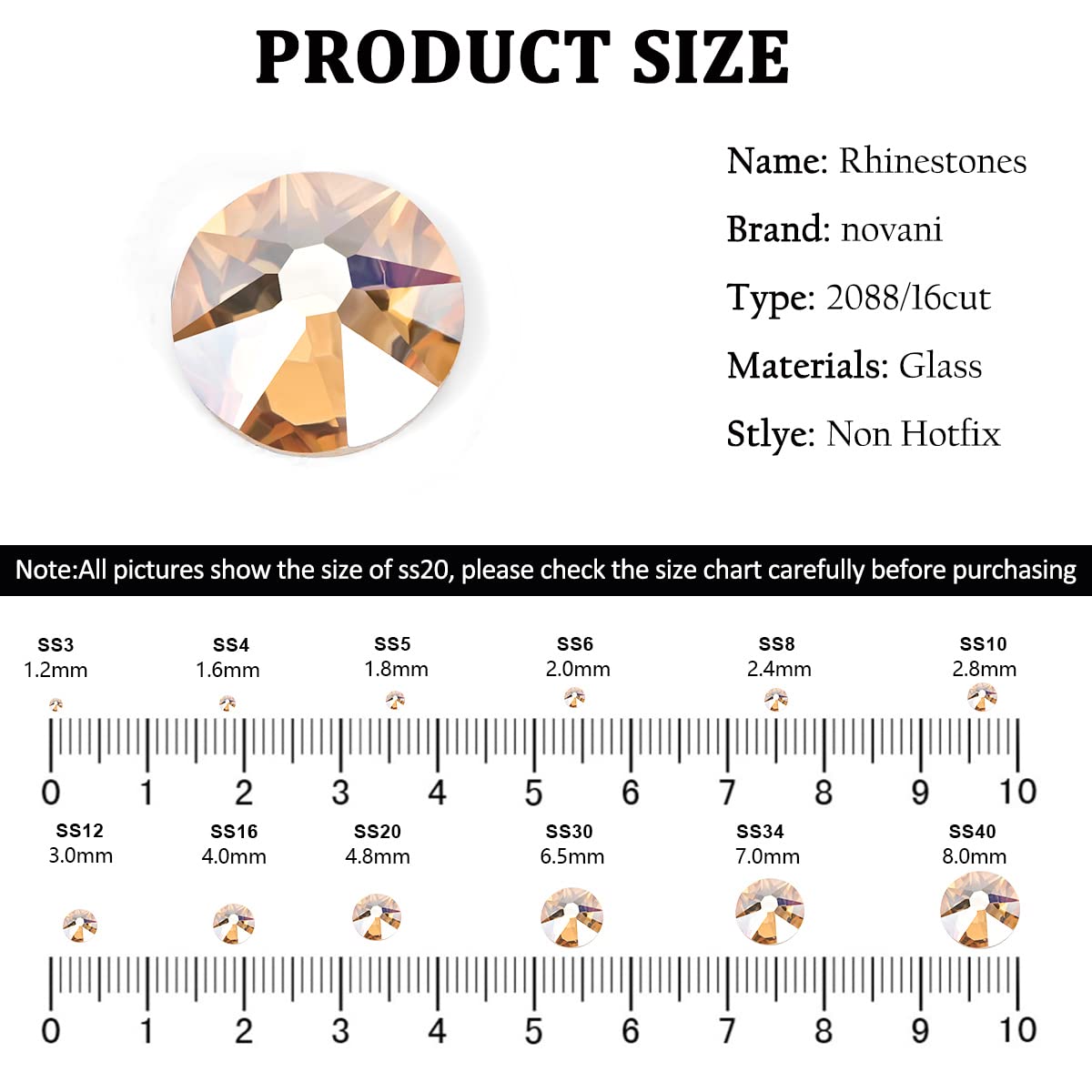 Novani Golden Shadow Rhinestones 1440pcs Flat Back Round Rhinestone Style 2088 Sparkly Crystal Gemstones for Nail Art and Crafting SS6,1.9-2.0mm