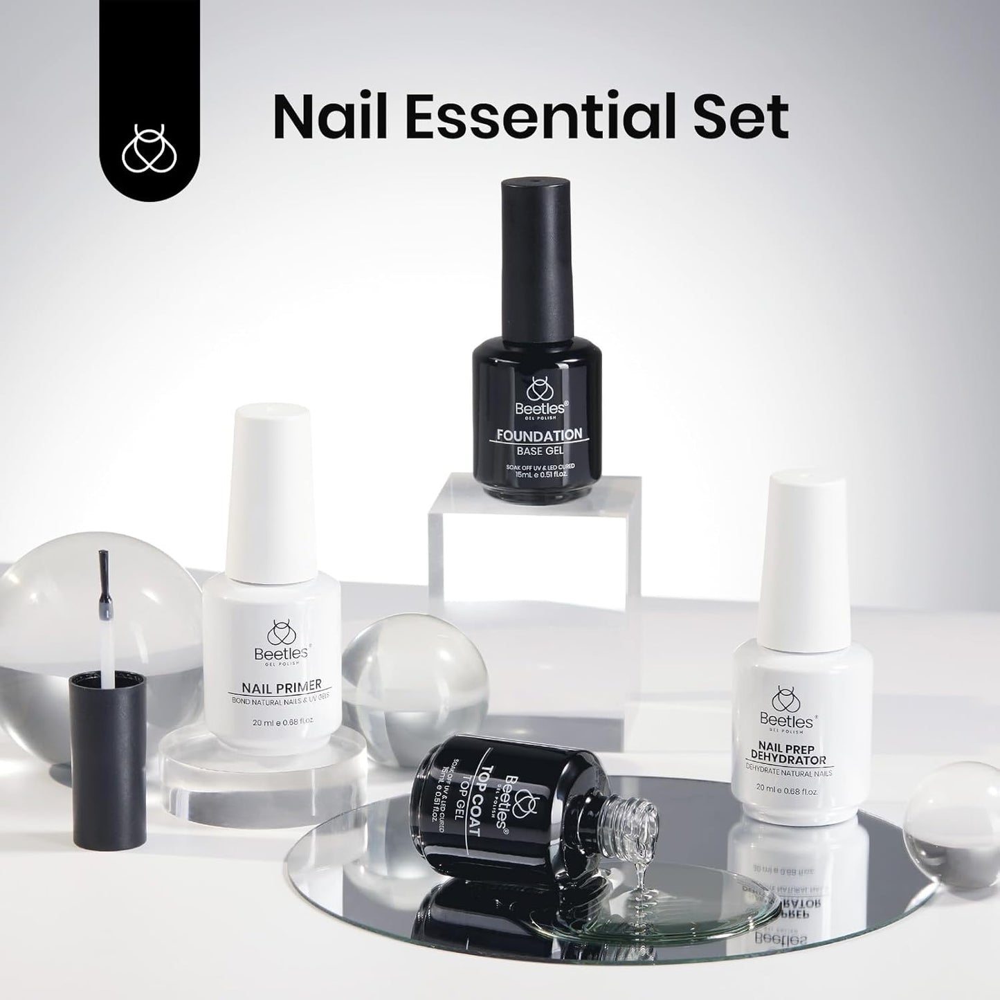 Beetles 4 Pcs 15ml Base Gel and Top Coat Kit with 20ml Nail Dehydrator and Primer, Professional Nail Prep Acid-Free & Hema-Free Dehydrate Bond Primer Set for Acrylic Nail Manicure Gift for Women