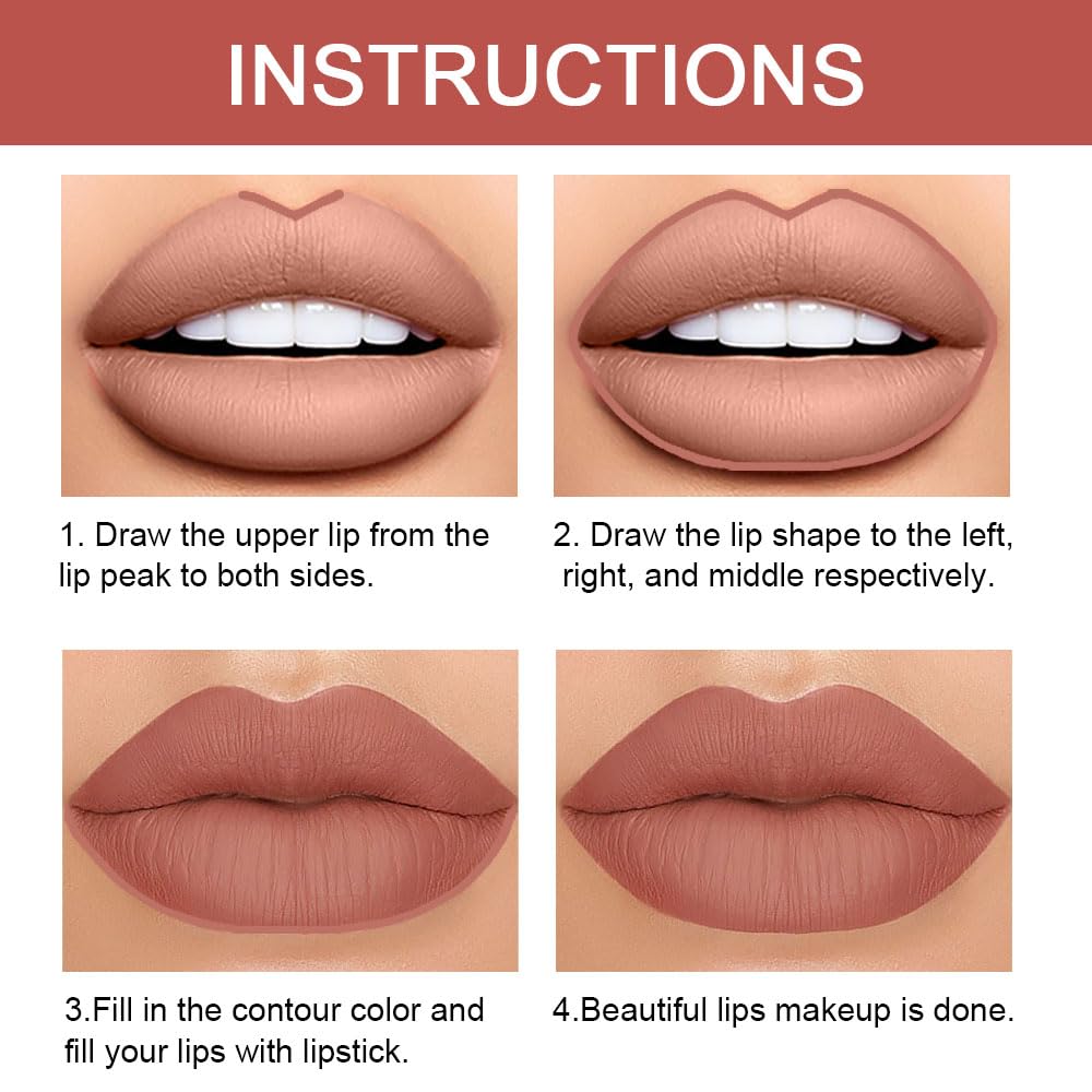 Kaely 2-in-1 Nude Brown Lip Liner & Lipstick Set Kit for Women, Matte Lips Kit with Lip Liner Lip Stains Long Lasting Waterproof 24 Hour Lipstick and Lip Liners Combo Lipliners Pencil Set 12