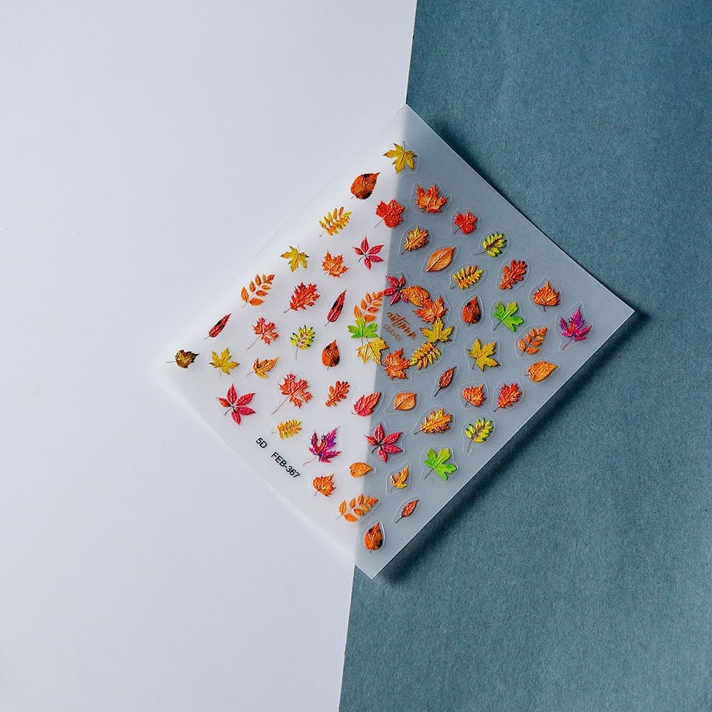 Fall Nails Stickers Maple Leaves Nails Sticker 5D Embossed Autumn Leaf Self Adhesive Sticker Nail Decals Orange Red Yellow Thanksgiving Nail Art Decal Halloween Decals for Nail DIY Manicure 1Sheet