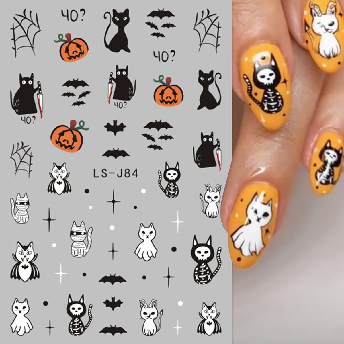 6Sheets Halloween Nail Art Stickers 3D Cute Zombie Ghost Decals Pumpkin Blood Skull Spooky Design Black Cat Gothic Supplies for Women DIY