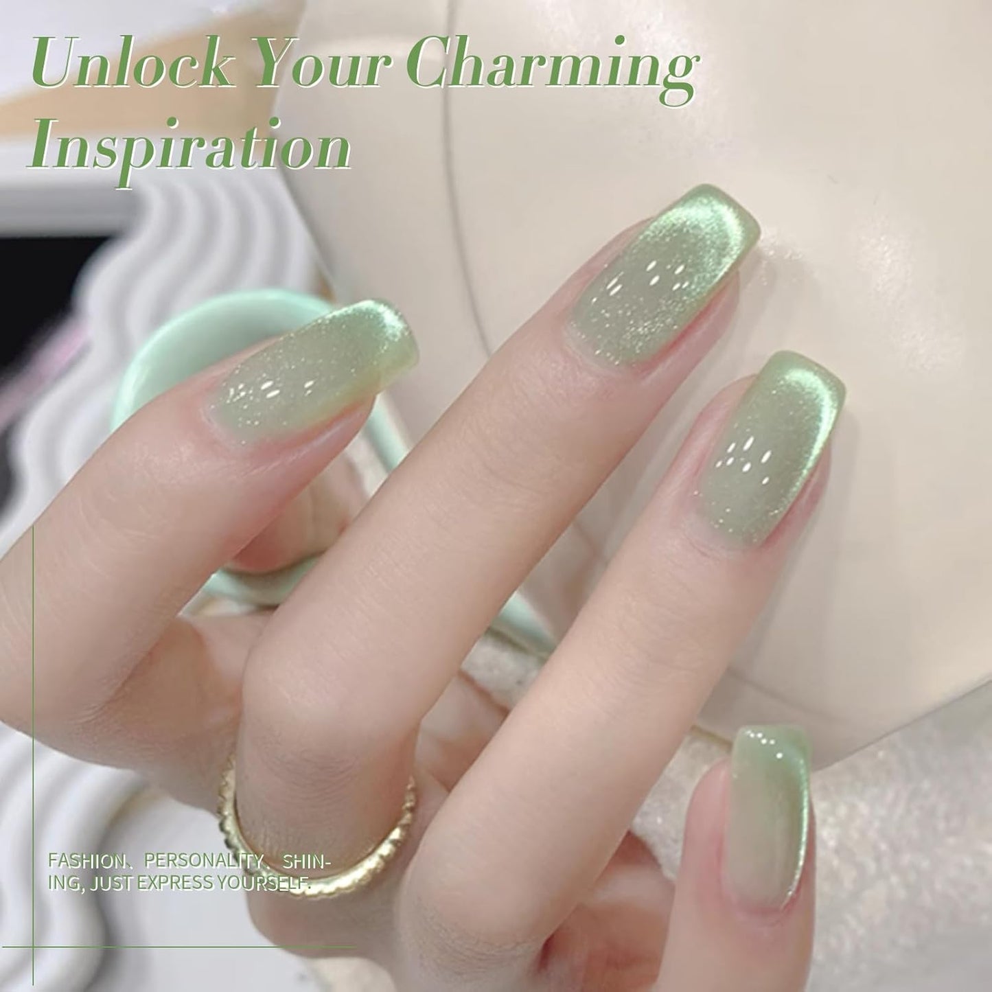 BORN PRETTY Green Cat Magnetic Eye Gel Nail Polish Shimmer Glitter Holographic Aurora Green Magnetic Gel Polish Nail Art Manicure DIY at Home 15ML