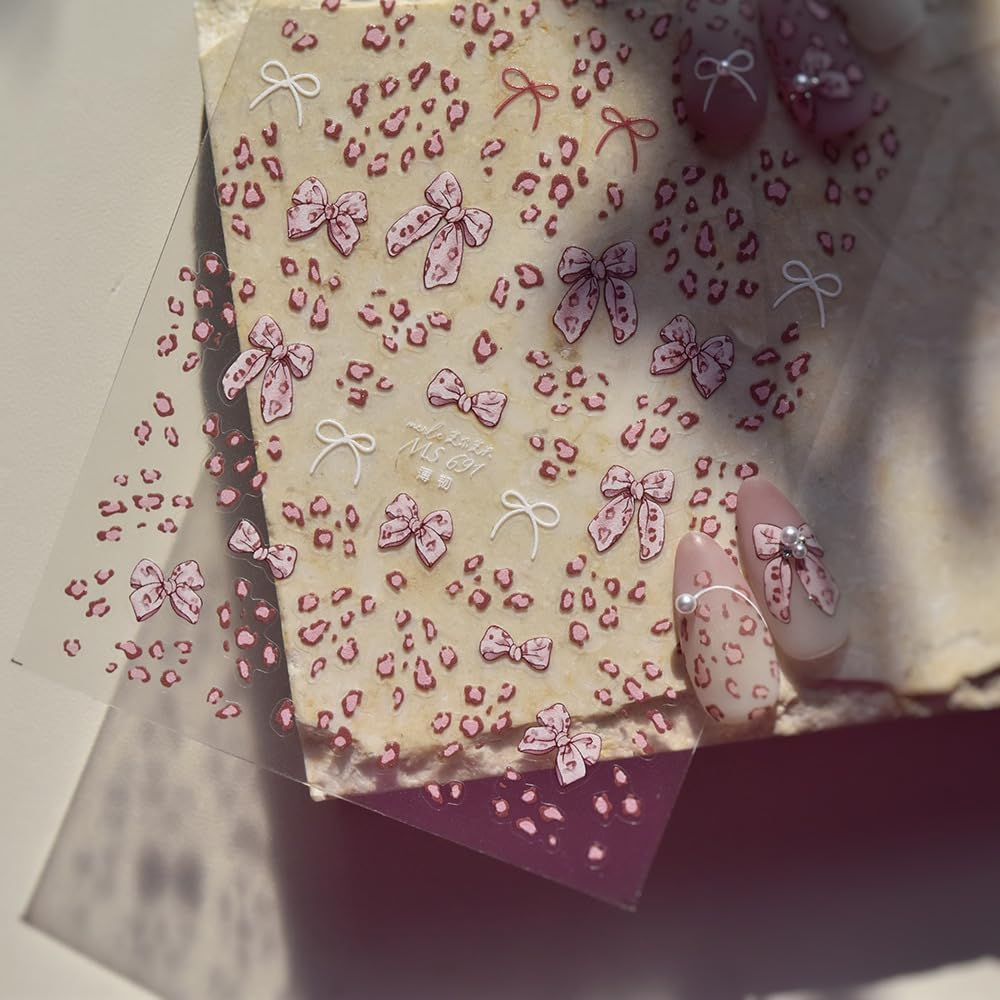 Pink Leopard Bow Nail Art Stickers 3D Embossed Fall Winter Nail Stickers, Self-Adhesive Durable Nail Art Decals for Women Girls, Nail Wraps Decoration Manicure for DIY Acrylic Nail Accessories