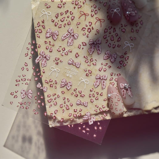 Pink Leopard Bow Nail Art Stickers 3D Embossed Fall Winter Nail Stickers, Self-Adhesive Durable Nail Art Decals for Women Girls, Nail Wraps Decoration Manicure for DIY Acrylic Nail Accessories