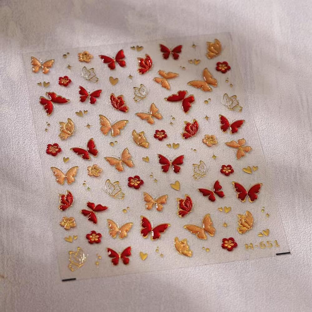 Butterfly Nail Art Stickers Red Golden Nail Decals Self Adhesive 5D Embossed Nail Sticker for Nail Art Spring Design for Women Girls Supplies Nail Art Decorations Accessories