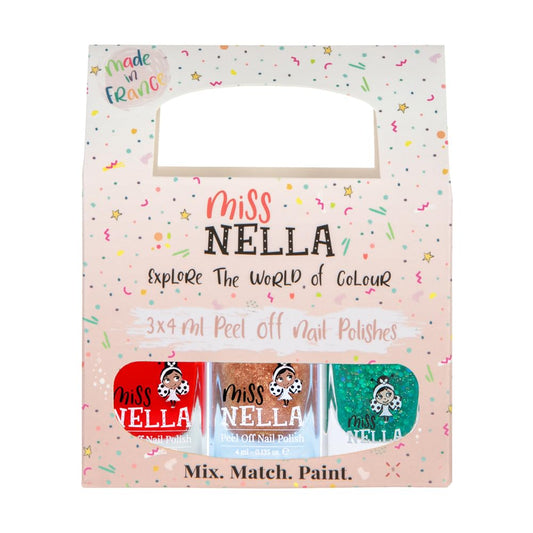 MISS NELLA CHRISTMAS SPARKLE- Peel Off, Odour Free, Water Base & Safe for kids nail polish pack of 3- green (glitter), red & gold (glitter)