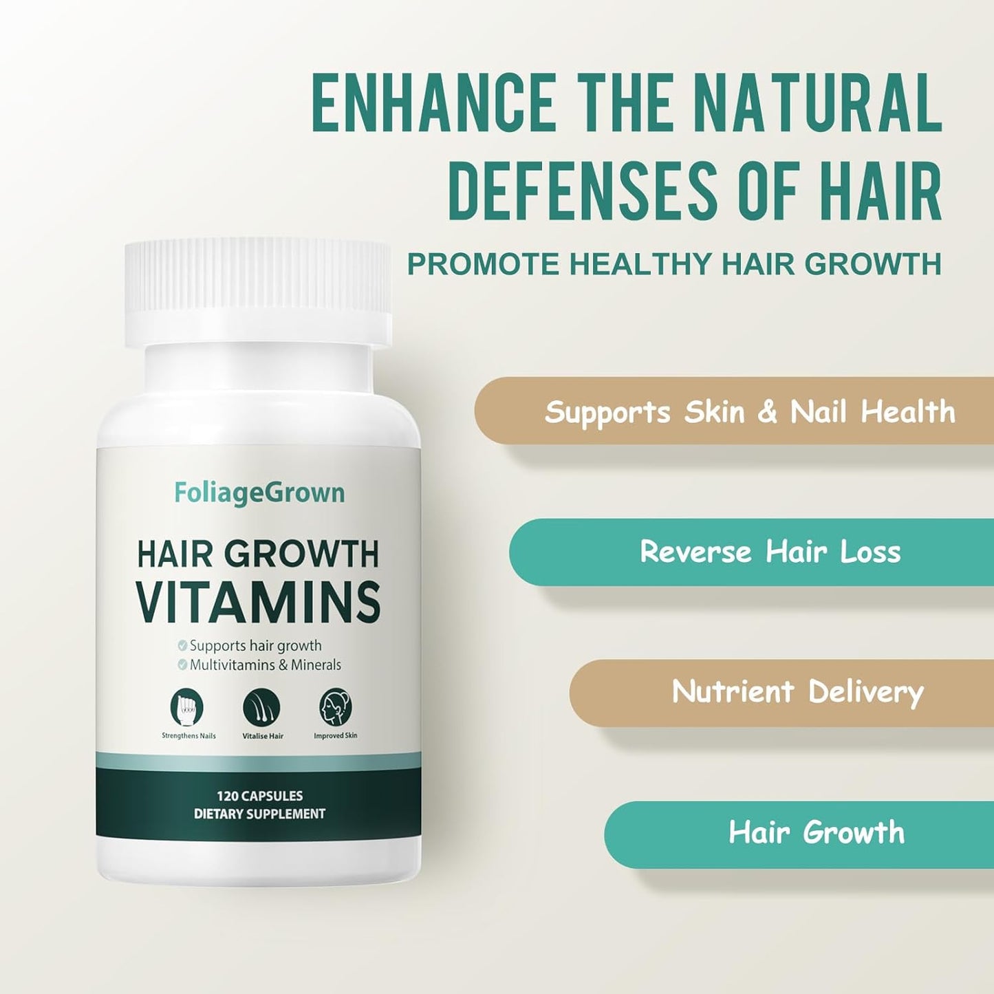Hair Growth Supplements,Visibly Thicker Hair,Hair Growth Vitamins for Women and Men - 2 Month Supply(120 Capsules), White