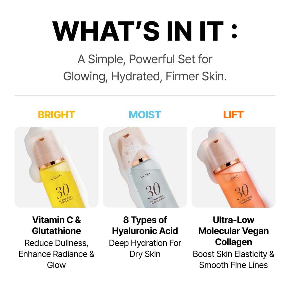 MENOKIN Korean Face Mask 3sets [30 seconds Quick Bubble Mask] (Collagen, Brightening, Moisturizing), Hydration improvement, Radiance-boosting, Easy-to Use, Glass Skin, 3.21 fl.oz