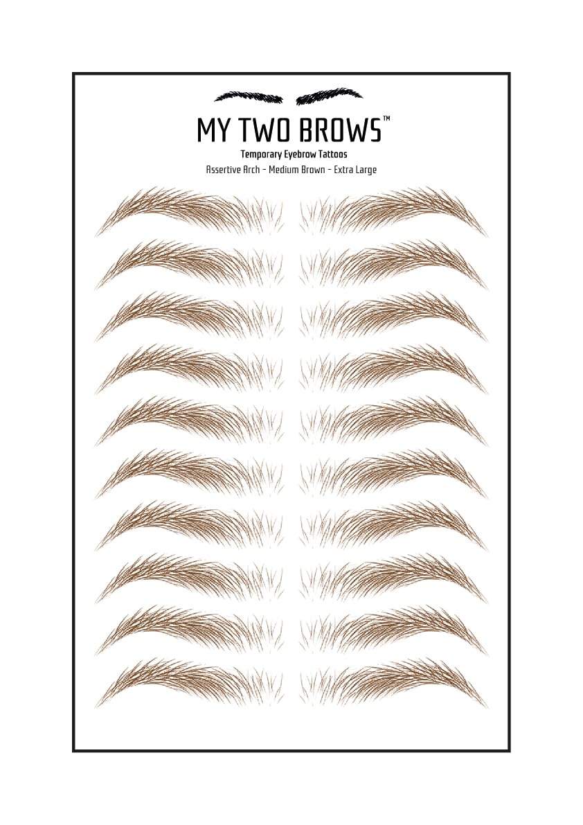 (10 pairs) Medium Brown Temporary Eyebrow Tattoo - Extra Large Size - Waterproof & Smudgeproof - Assertive Arch Style Eyebrow Stickers - Sheet Lasts up to 30 Days - Won't Work on Existing Brows
