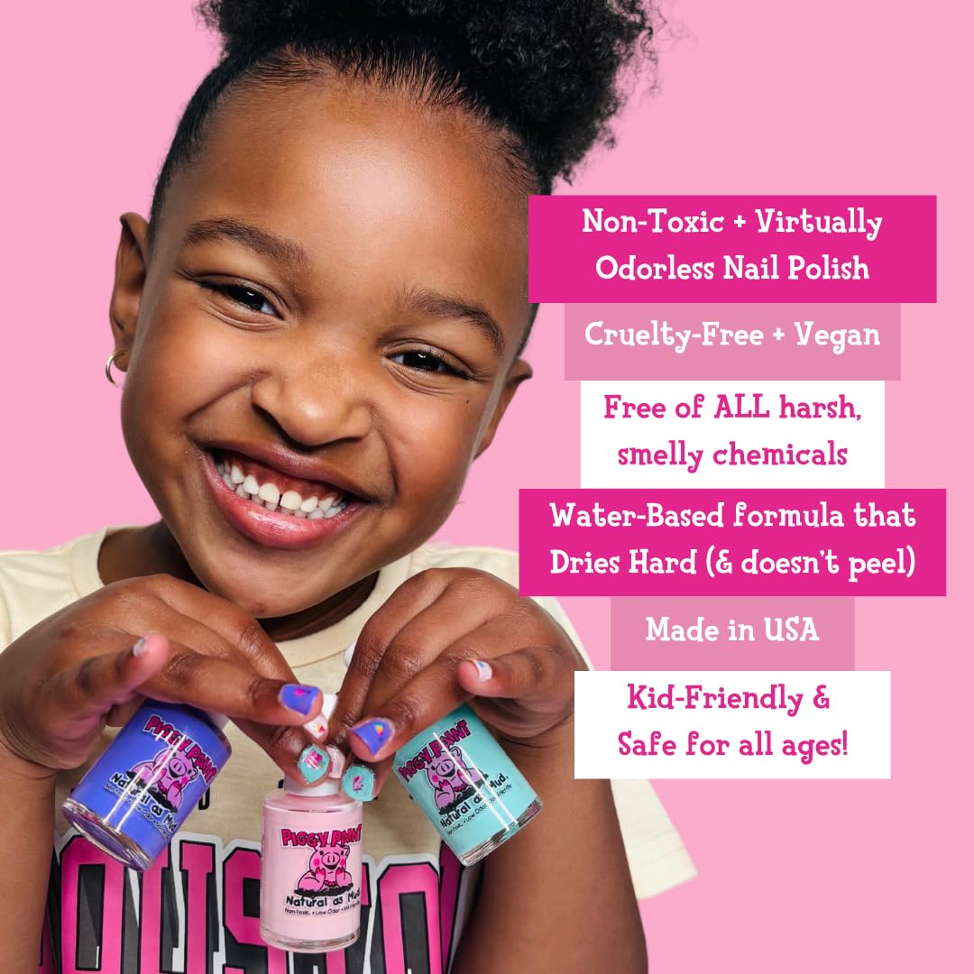 Piggy Paint | 100% Non-Toxic Girls Nail Polish | Safe, Cruelty-free, Vegan, & Low Odor for Kids | Cutie Fruity (4 Polish + Nail Art Gift Set)