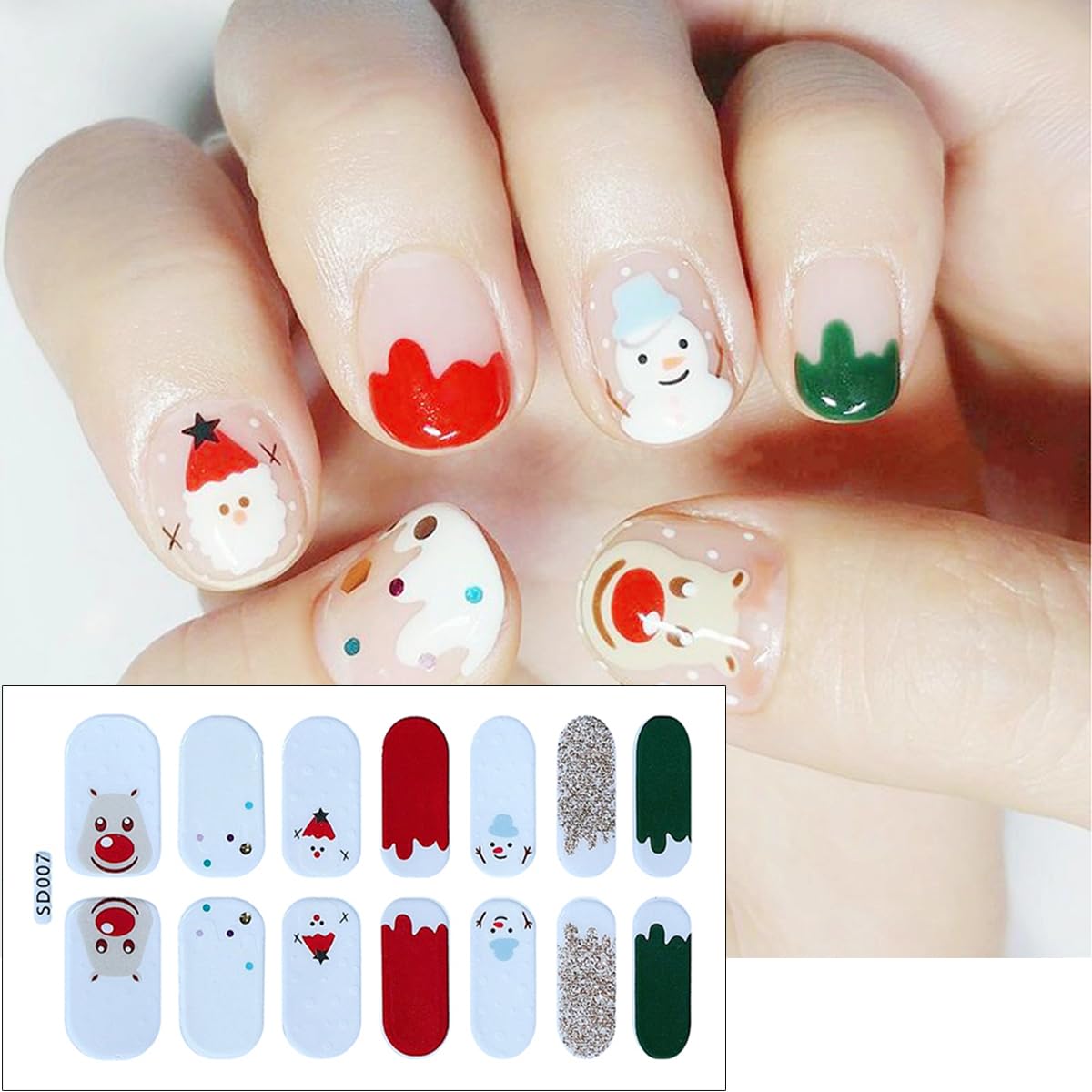 Christmas Nail Polish Strips Cute Snowman Gel Nail Stickers Xmas Trees Santa Claus Elk Glitter French Nail Design Decals Snowflakes Gel Nail Strips Full Wrap Christmas Stickers for Winter Nail Decor