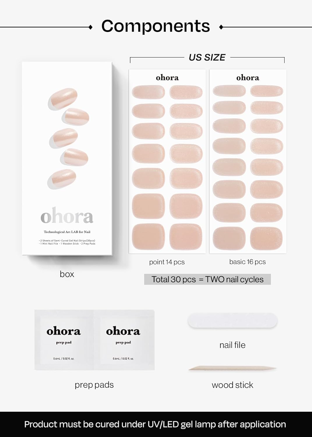 ohora Semi Cured Gel Nail Strips (N Vanilla Chrome) - Works with Any Nail Lamps, Salon-Quality, Long Lasting, Easy to Apply & Remove - Includes 2 Prep Pads, Nail File & Wooden Stick