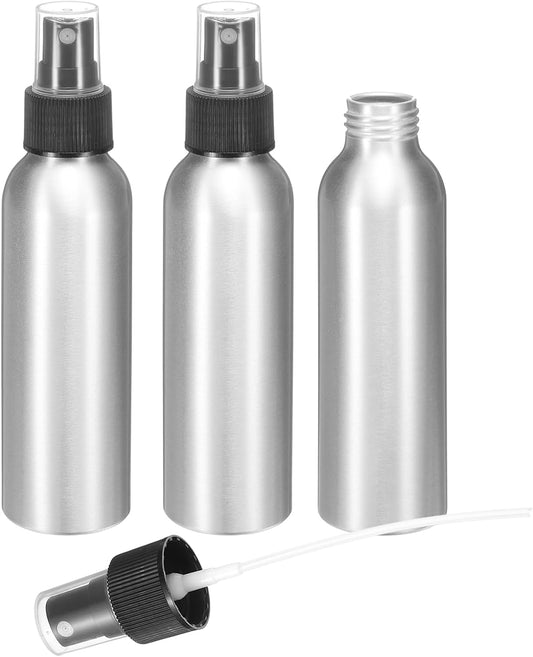 HARFINGTON 3pcs Aluminum Fine Mist Spray Bottles 120ml/4oz Metal Small Liquid Alcohol Refillable Travel Container with Black Plastic Nozzle Cap for Perfume Skincare Cosmetic Storage Bottle