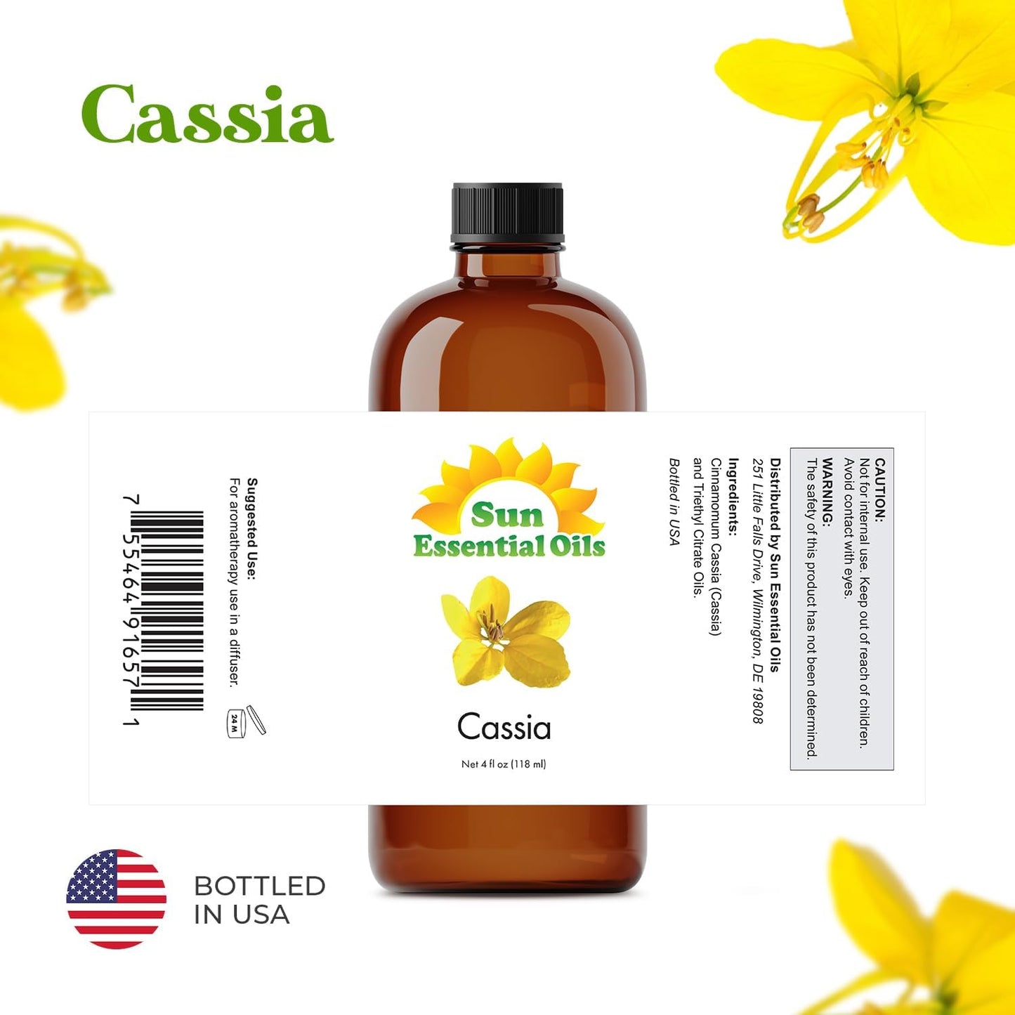 Sun Essential Oils - Cassia 4oz Bottle for Diffuser, Humidifier, Aromatherapy, Hair and Skin Care - Cassia Oil - Aromatherapy Oil