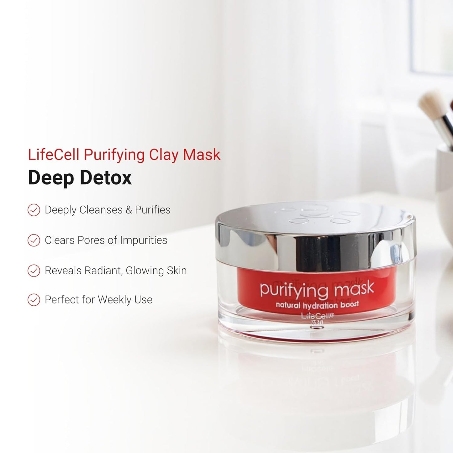 LifeCell Purifying Clay Mask – Deep Cleansing Facial Mask with Argan Oil, Green Tea, and Licorice Root – Exfoliates, Tightens Pores & Revitalizes Skin – 75ml